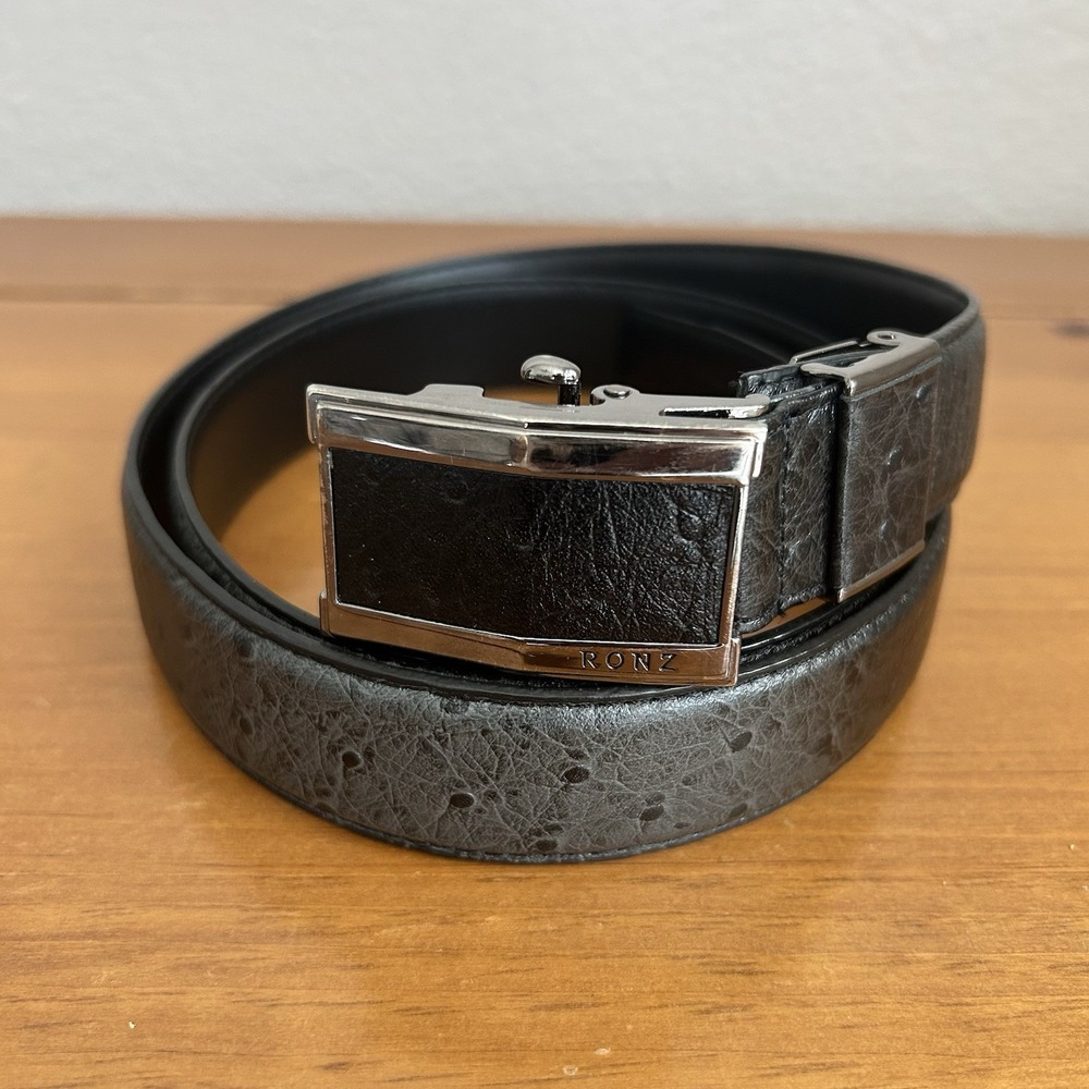RONZ Black Leather Belt With Silver Automatic Buckle 40in Luxury And‎ Quality